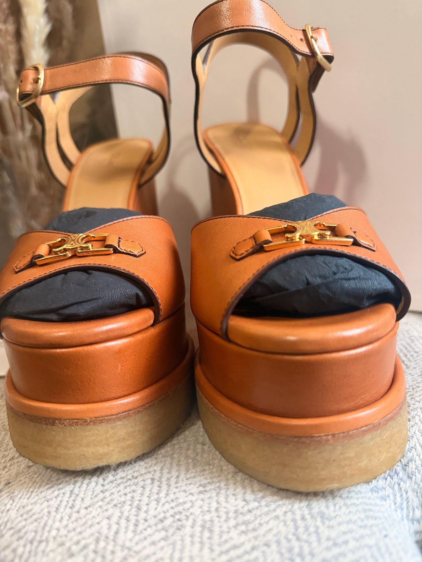 CELINE Triomphe Platform Leather Wedge Sandals