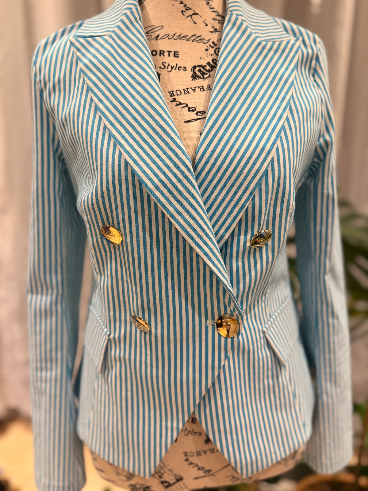 Rinascimento Made in Italy Turquoise Striped Double-Breasted Blazer – Size S