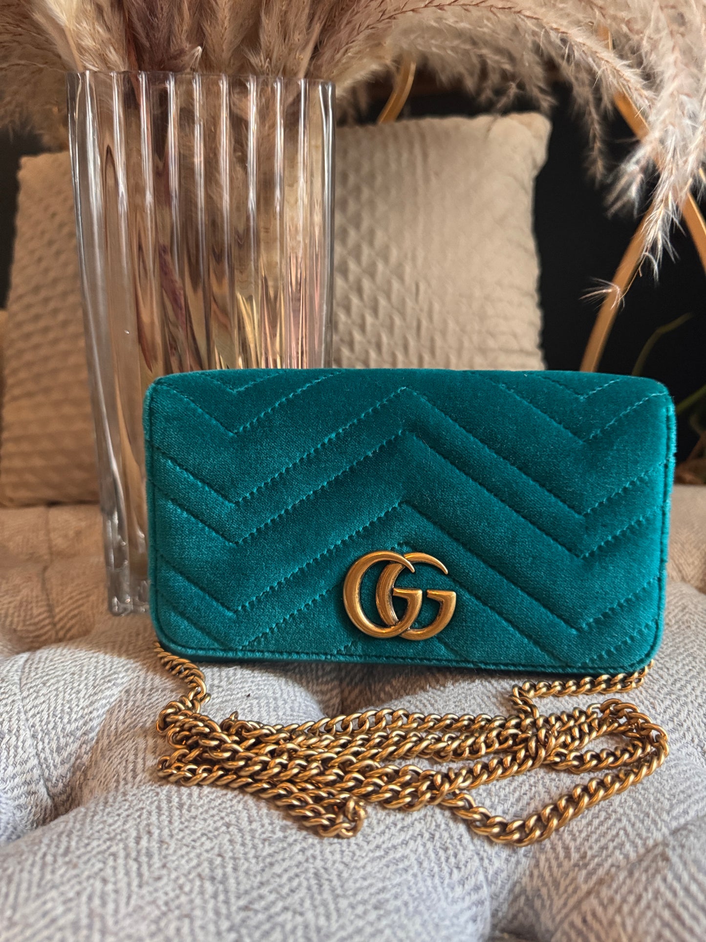 Gucci Velvet Matelasse GG Marmont Mini Bag Pavone Cyan