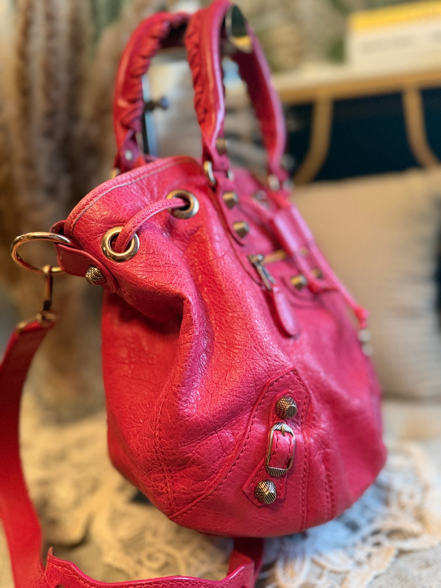 Balenciaga Agneau Giant 12 Rose Gold Hardware Mini Pompon Rose Thulian