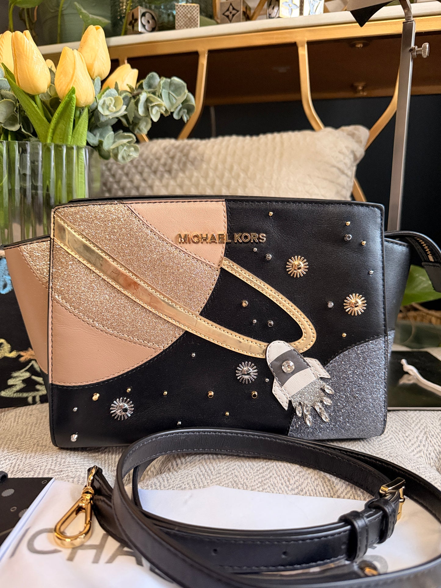 Michael Kors Studio Selma Black and Gold Rocket Bag Limited Edition