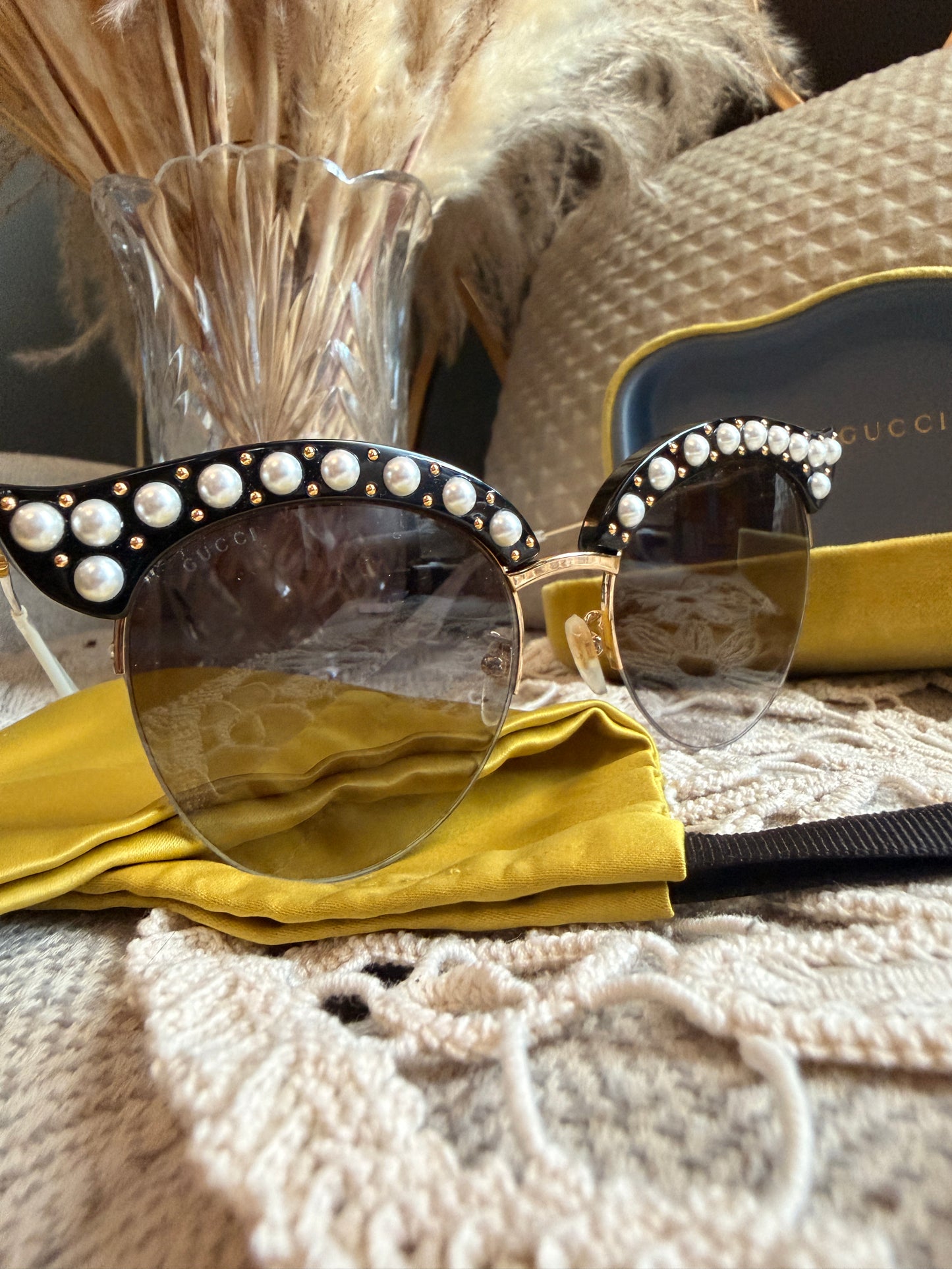 Gucci Black Acrylic Cat-Eye Sunglasses with Pearl Details