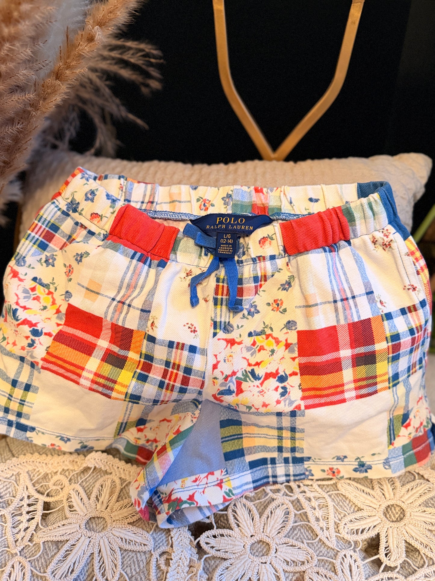 Polo by Ralph Lauren Girls' Red Blue Yellow Cream Patchwork Shorts