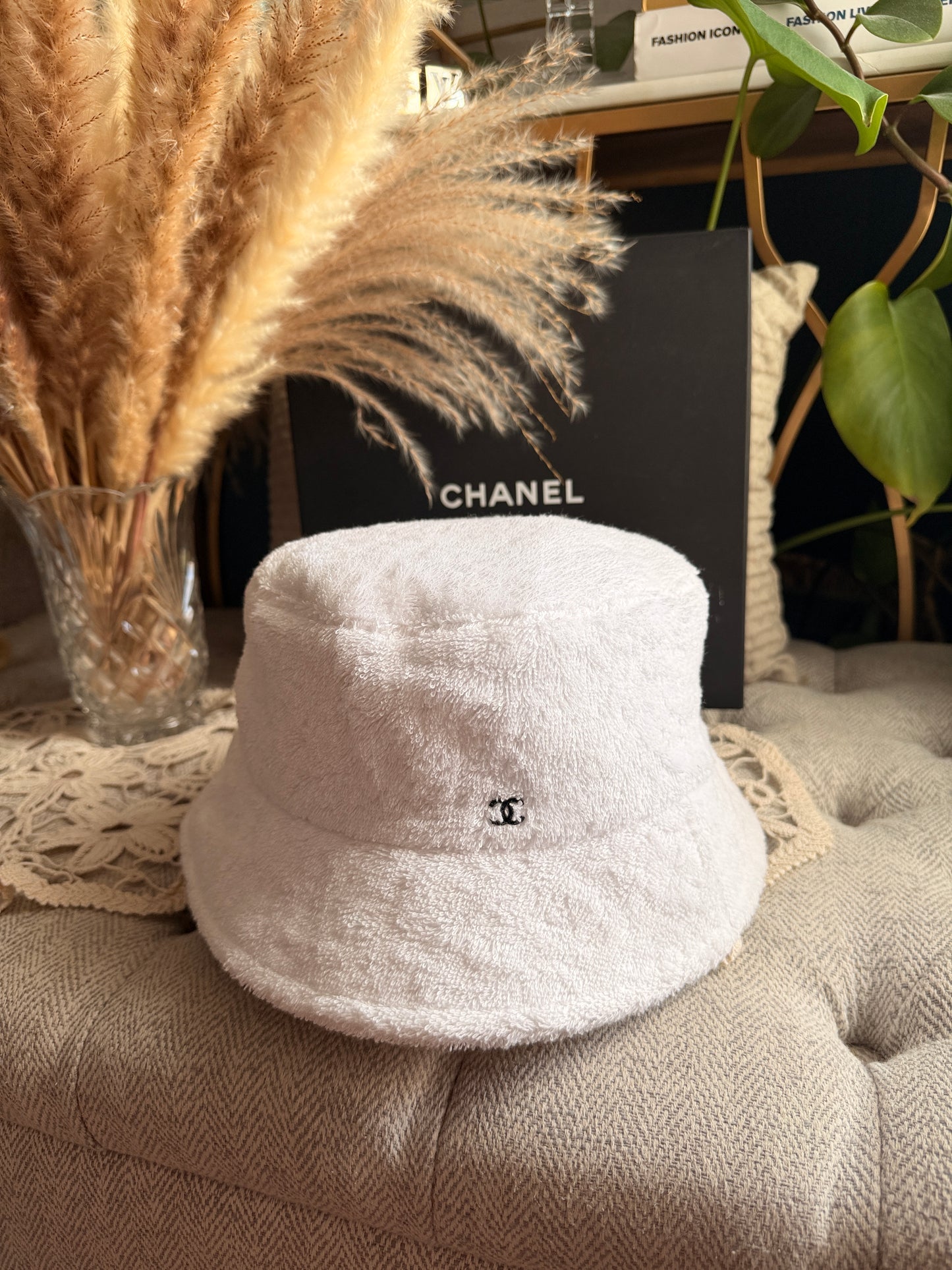 CHANEL 2021 White Terry Cloth CC Bucket Hat Size L