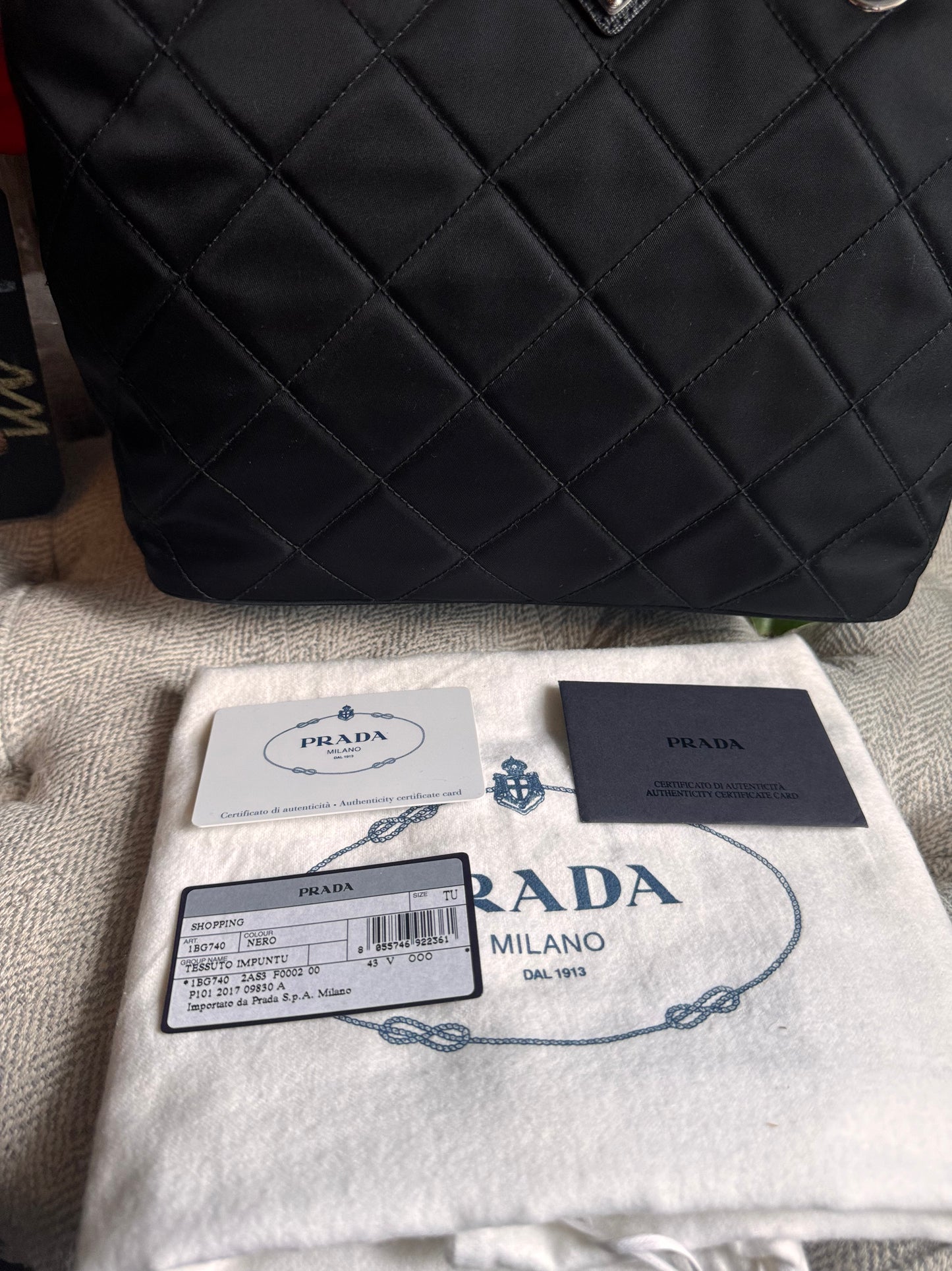 Prada Black Tessuto Re-Nylon Silver Chain Quilted Crossbody Tote