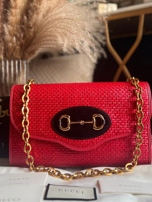 Gucci Horsebit 1955 Raffia Chain Bag in Red