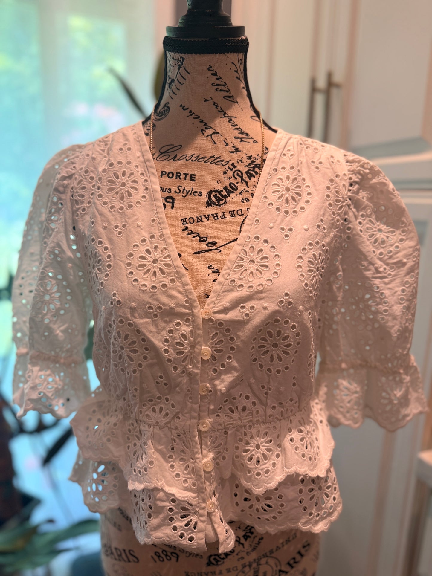 FRAME The Solstice Eyelet Blouse White XS Puff Sleeve Peplum RRP$544