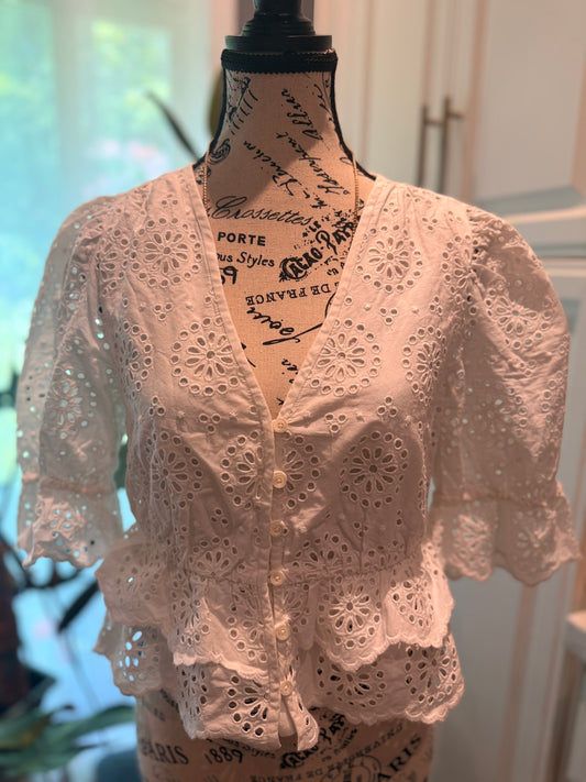 FRAME The Solstice Eyelet Blouse White XS Puff Sleeve Peplum RRP$544