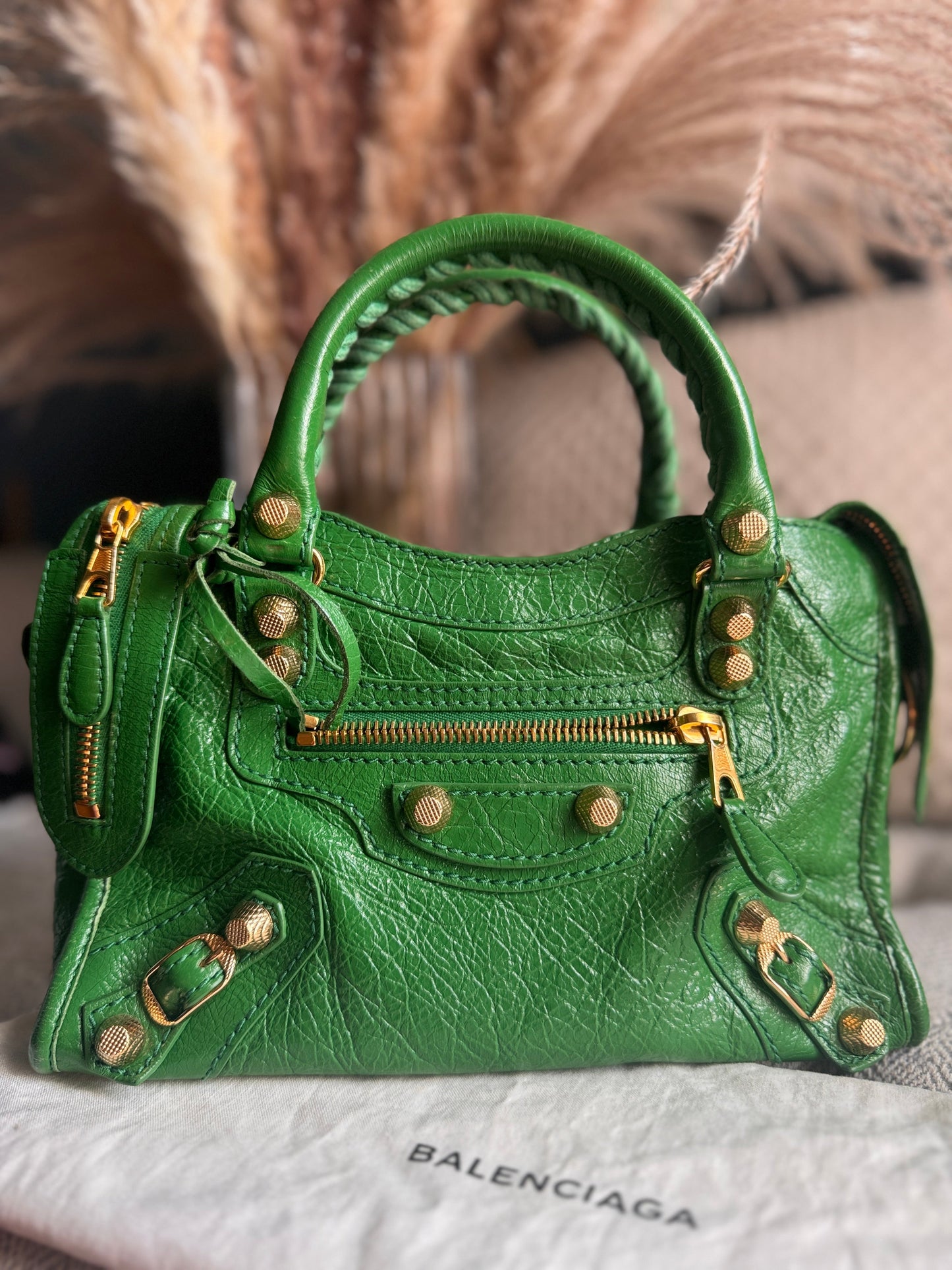 Balenciaga Mini City in Green with Gold Hardware