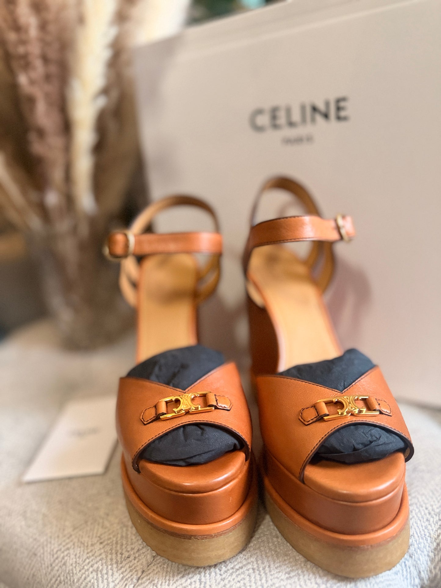 CELINE Triomphe Platform Leather Wedge Sandals