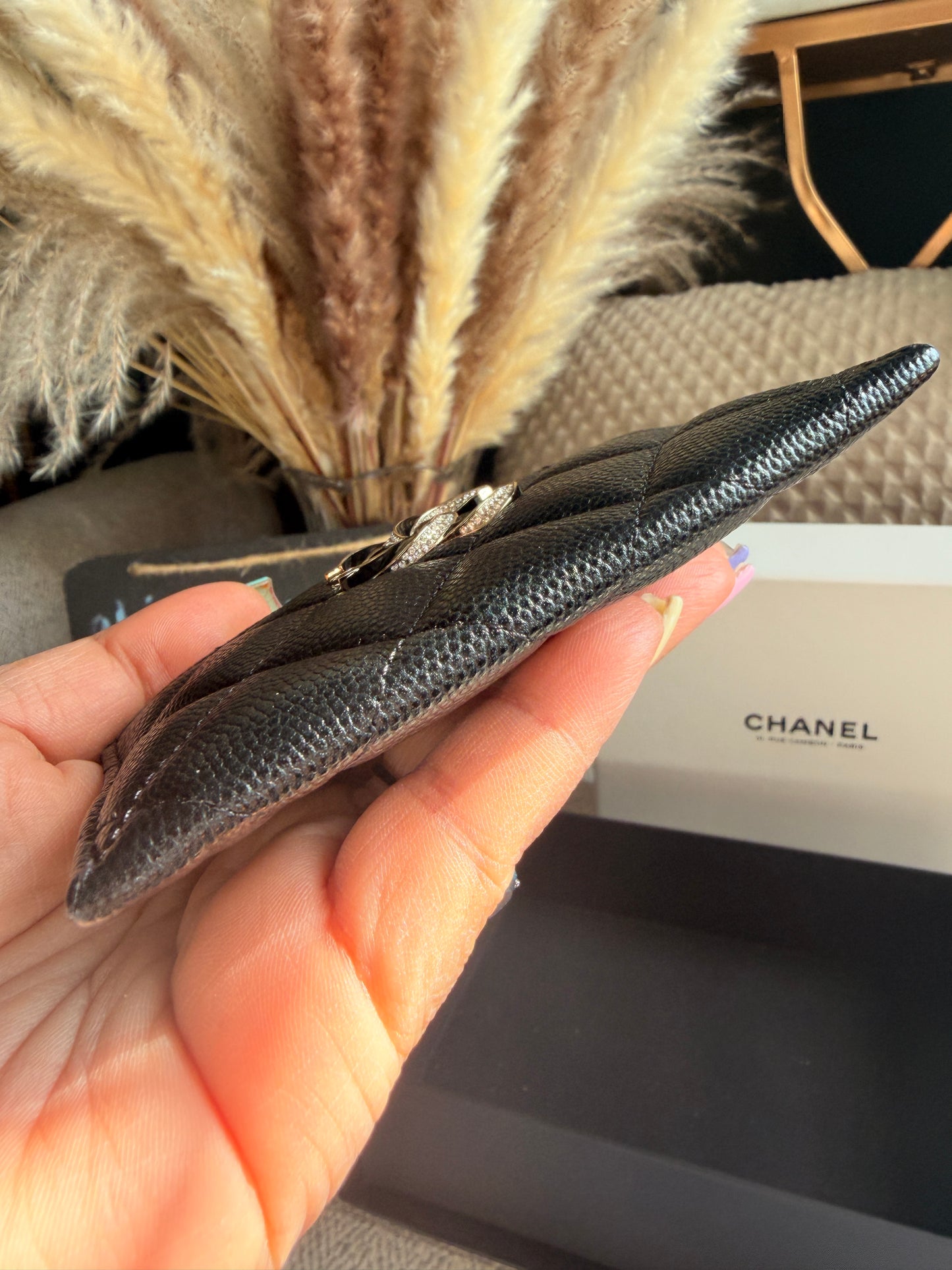 NEW 23S CHANEL Caviar Crystals Card Holder Black BIG Gold CC STRASS Wallet
