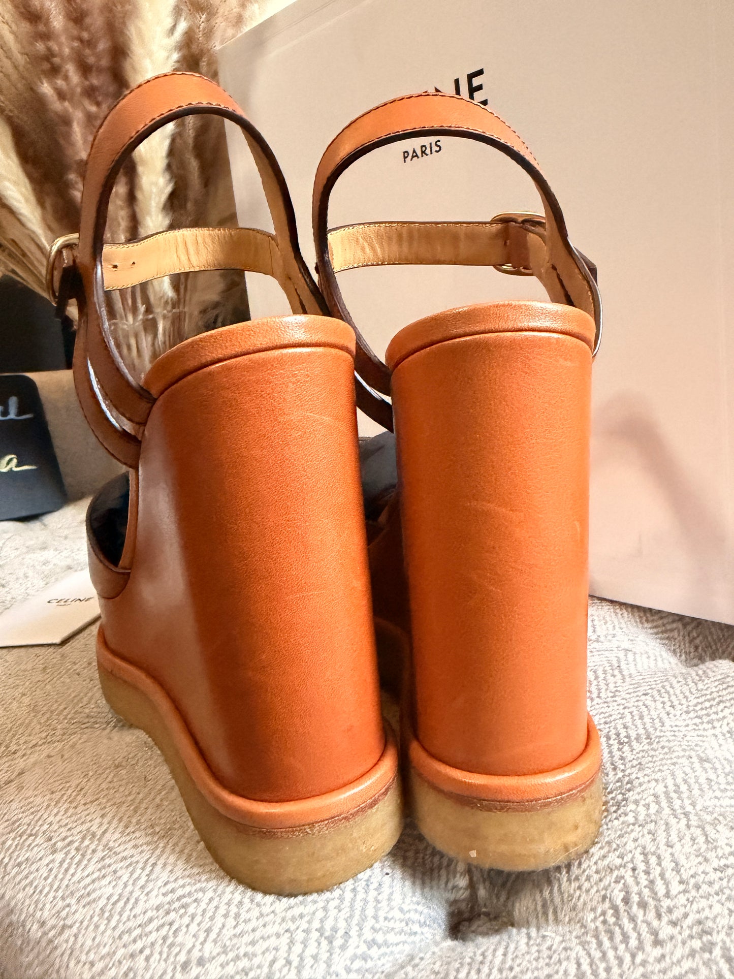 CELINE Triomphe Platform Leather Wedge Sandals
