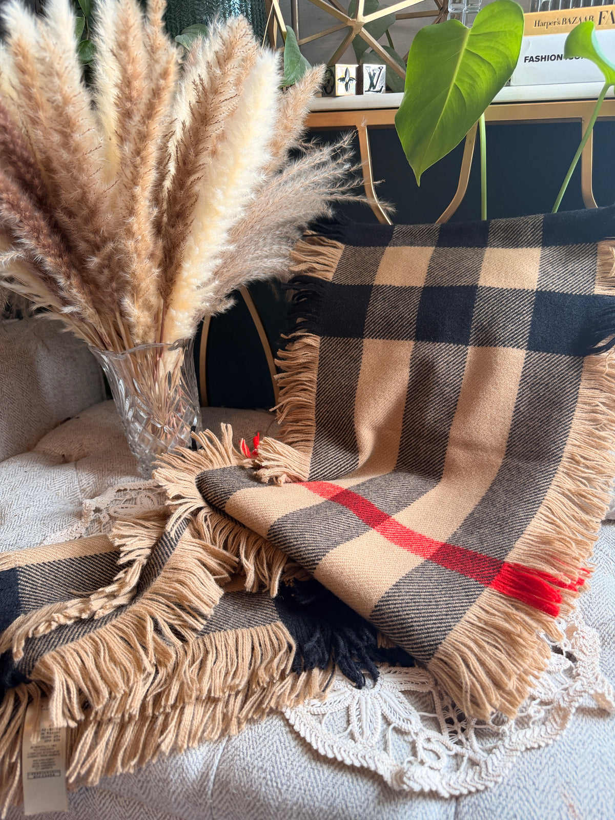 Burberry wool scarf half mega check fringe 230x25cm
