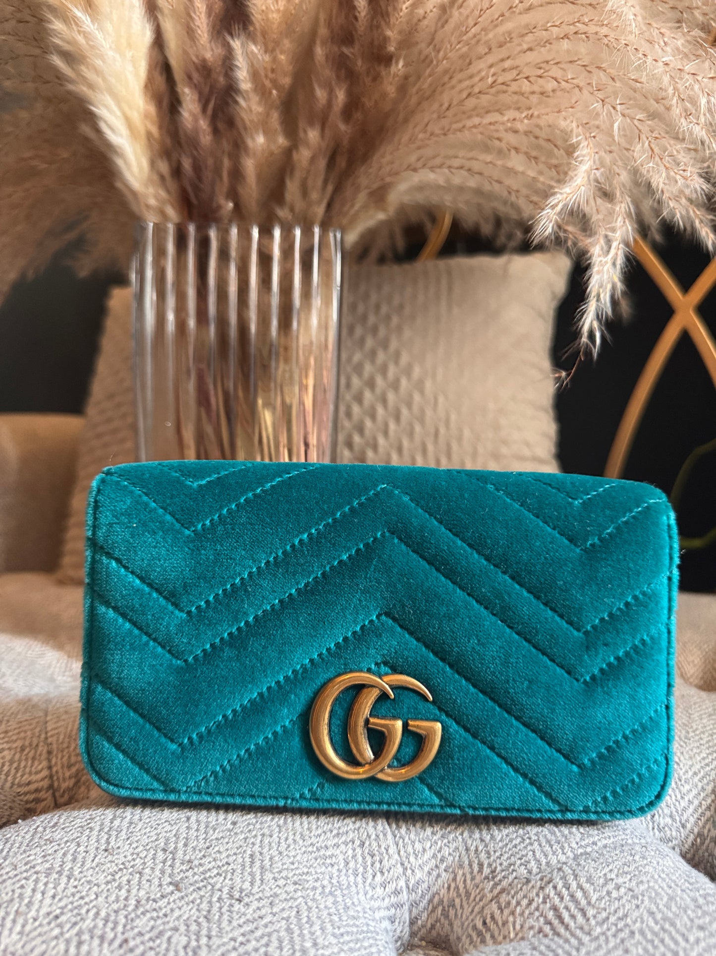 Gucci Velvet Matelasse GG Marmont Mini Bag Pavone Cyan