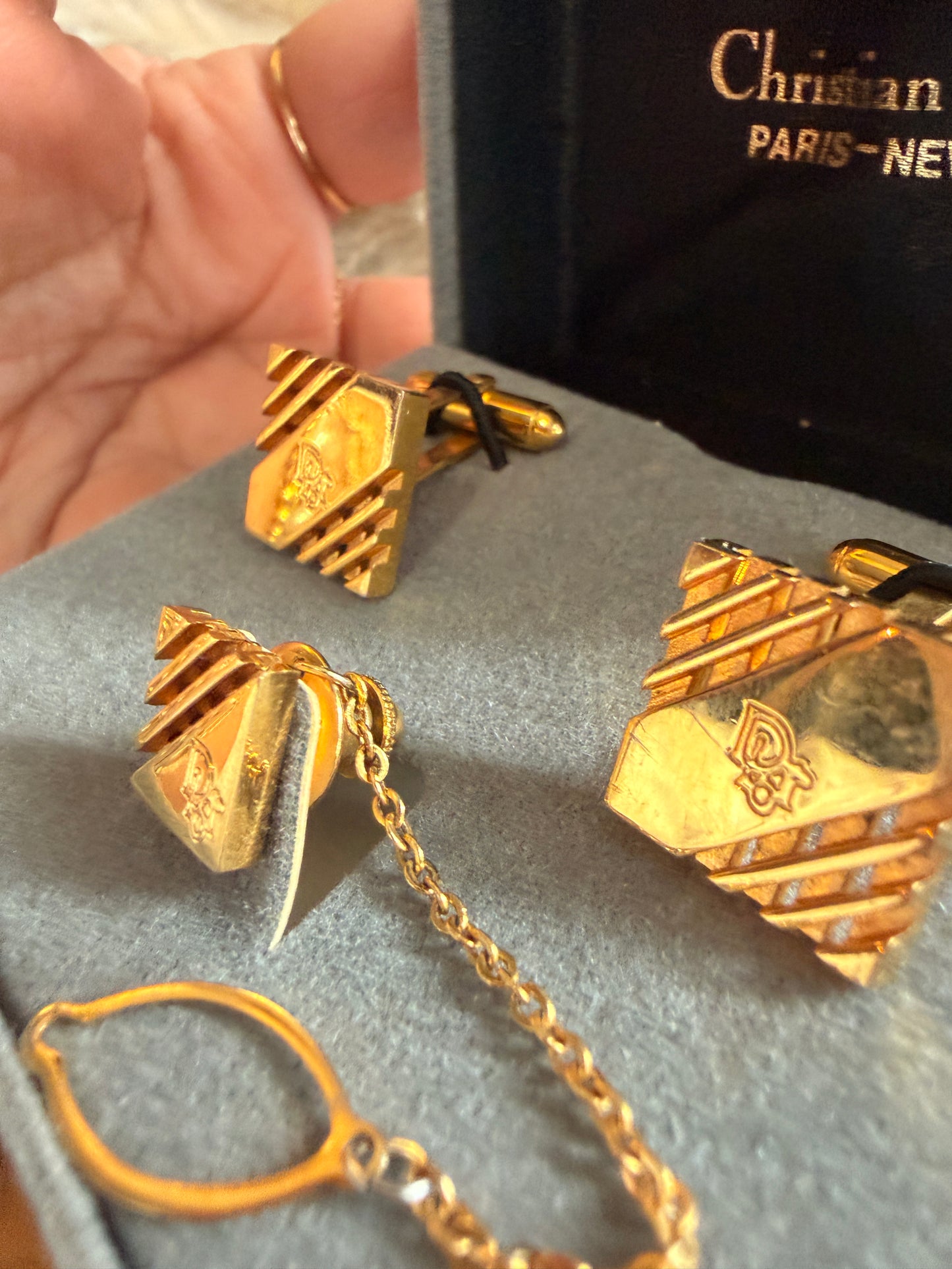 Christian Dior Vintage “Paris–New York” Cufflinks & Tie Tack Set (Gold Tone) | Dior Box Included