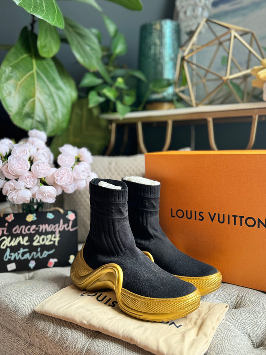 Louis Vuitton Stretch Textile Monogram LV Archlight Sneaker Boots 37.5 Black Gold