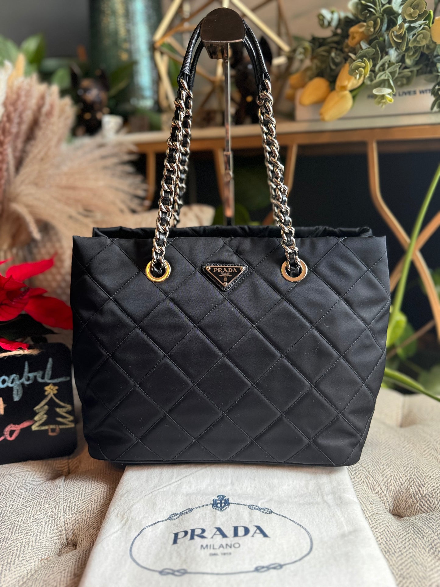 Prada Black Tessuto Re-Nylon Silver Chain Quilted Crossbody Tote