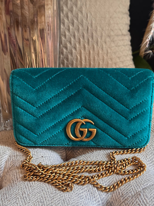 Gucci Velvet Matelasse GG Marmont Mini Bag Pavone Cyan