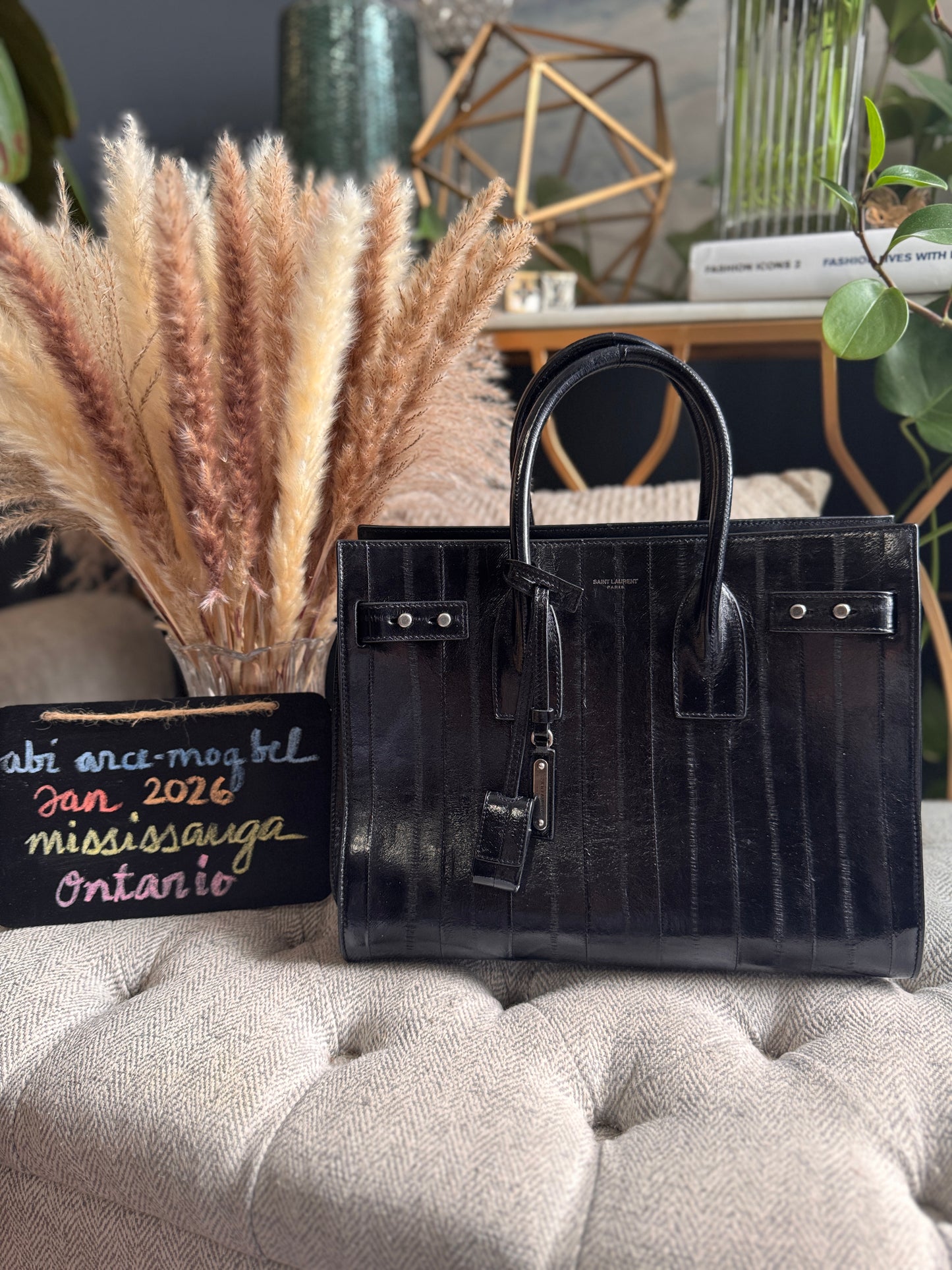 YSL Saint Laurent Black Eel Sac De Jour Bag